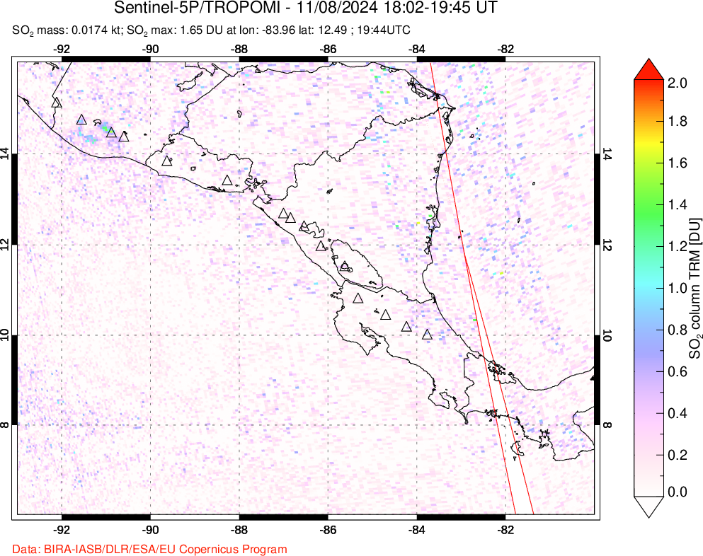 A sulfur dioxide image over Central America on Nov 08, 2024.