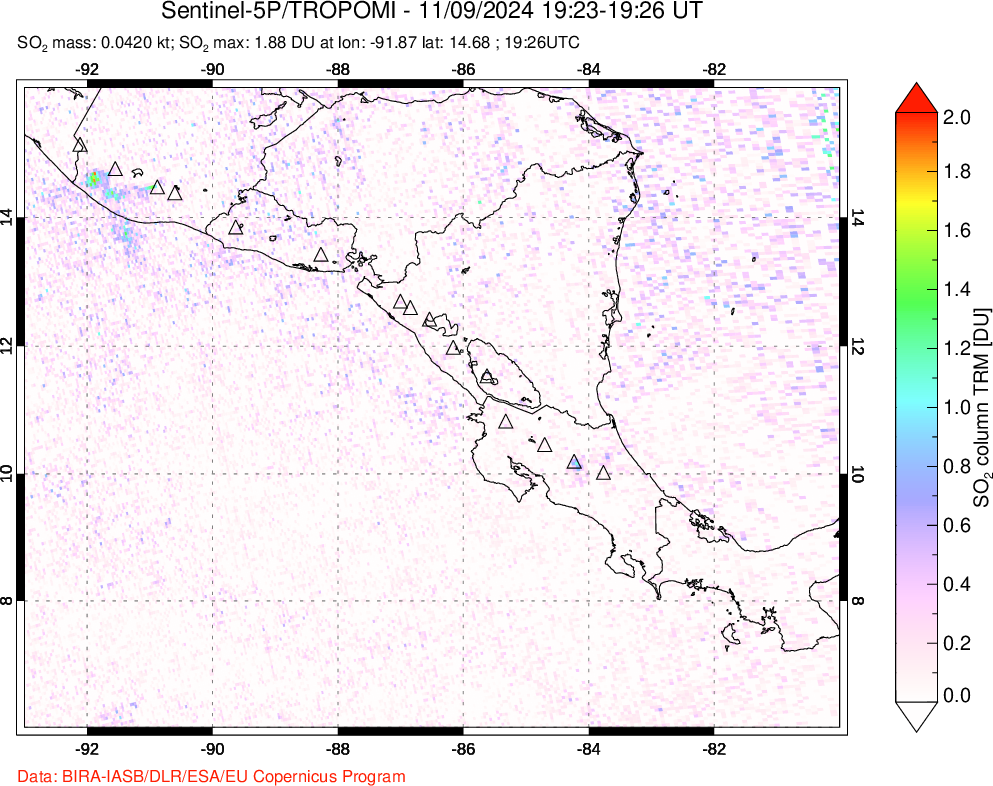 A sulfur dioxide image over Central America on Nov 09, 2024.