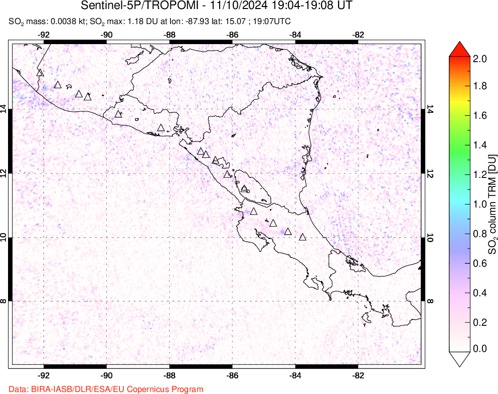 A sulfur dioxide image over Central America on Nov 10, 2024.