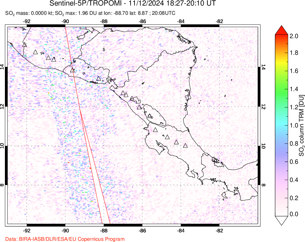 A sulfur dioxide image over Central America on Nov 12, 2024.