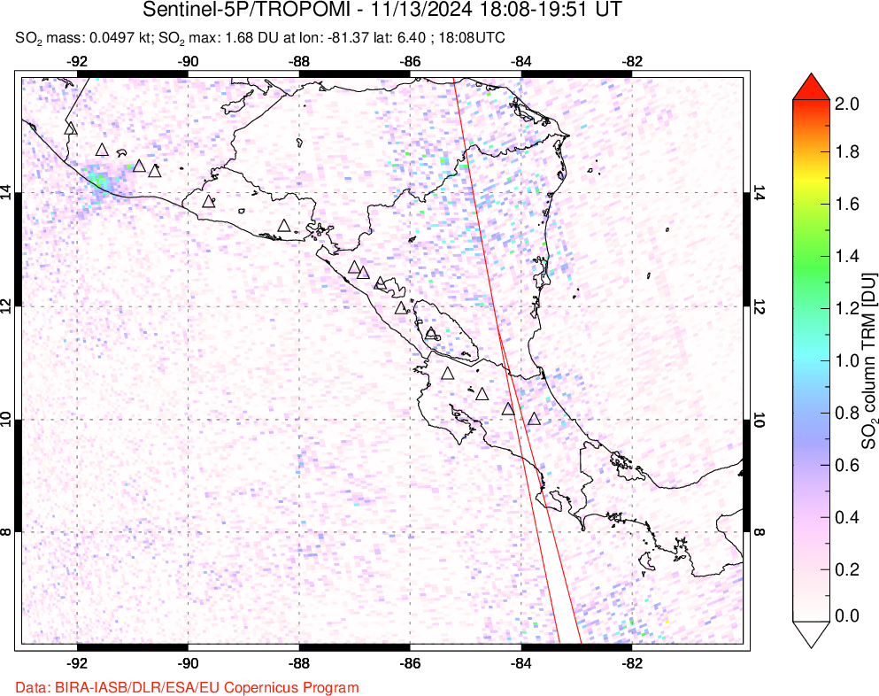 A sulfur dioxide image over Central America on Nov 13, 2024.