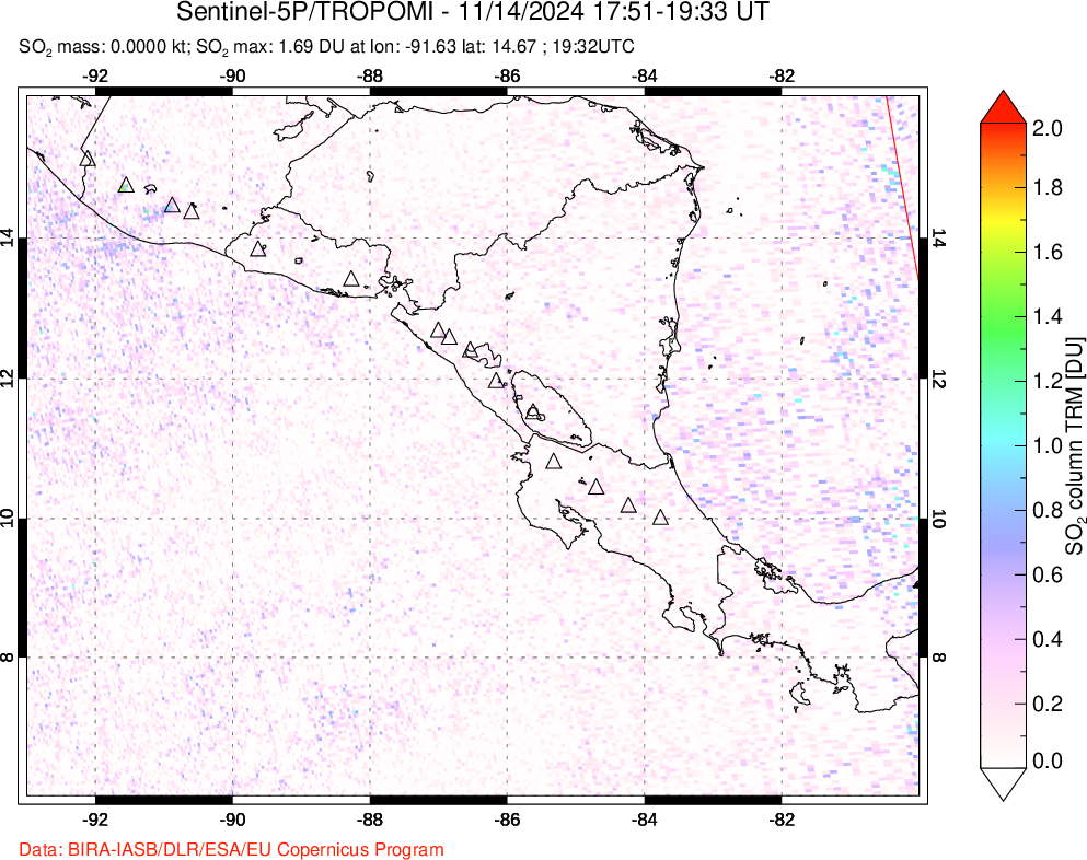 A sulfur dioxide image over Central America on Nov 14, 2024.