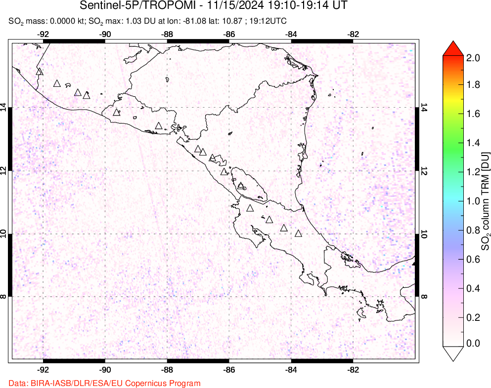 A sulfur dioxide image over Central America on Nov 15, 2024.