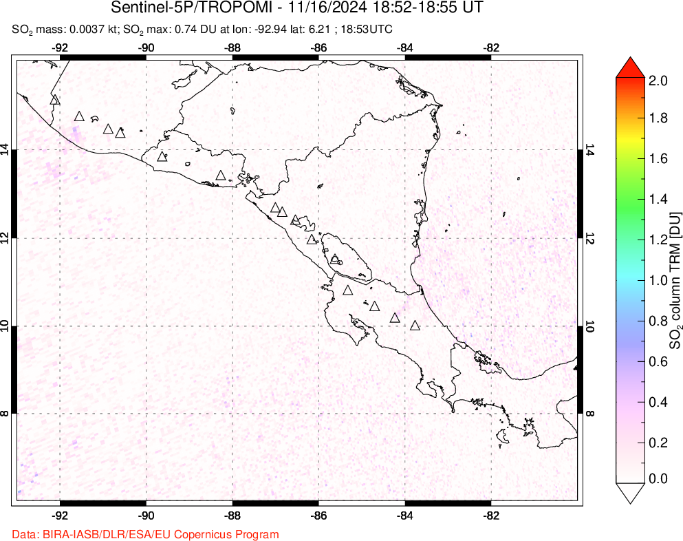 A sulfur dioxide image over Central America on Nov 16, 2024.