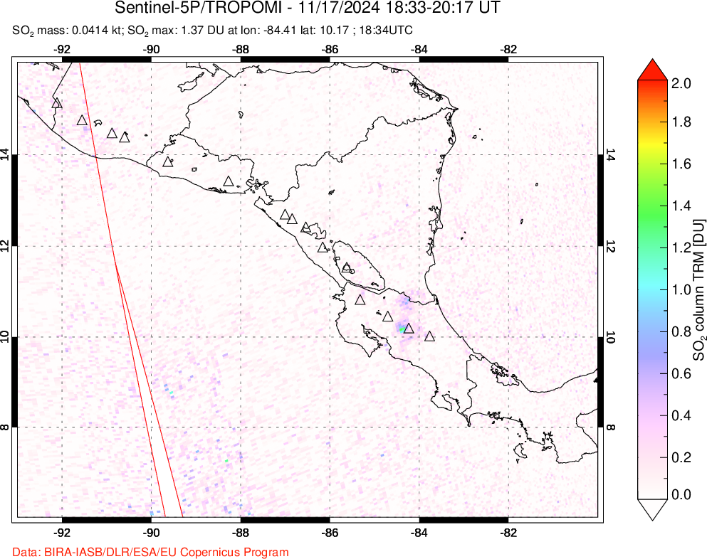 A sulfur dioxide image over Central America on Nov 17, 2024.