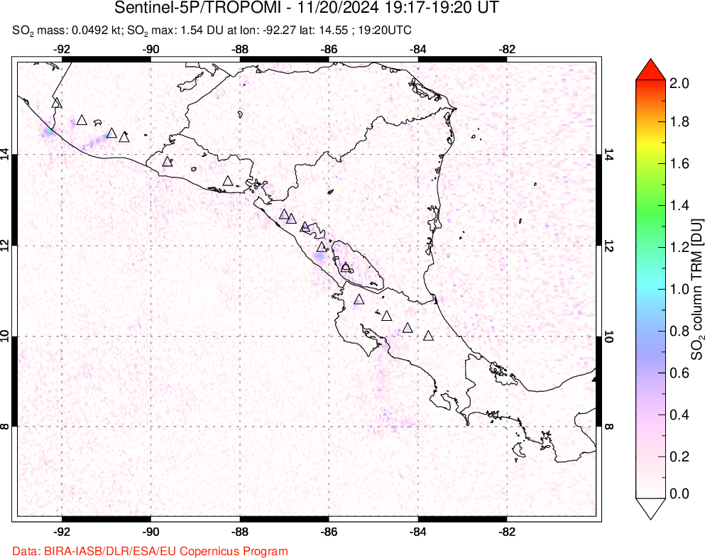 A sulfur dioxide image over Central America on Nov 20, 2024.