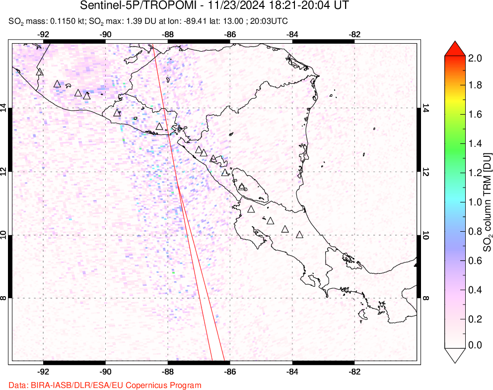 A sulfur dioxide image over Central America on Nov 23, 2024.