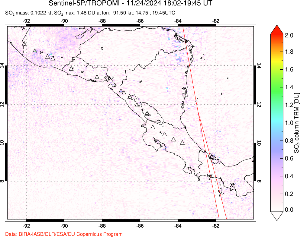 A sulfur dioxide image over Central America on Nov 24, 2024.