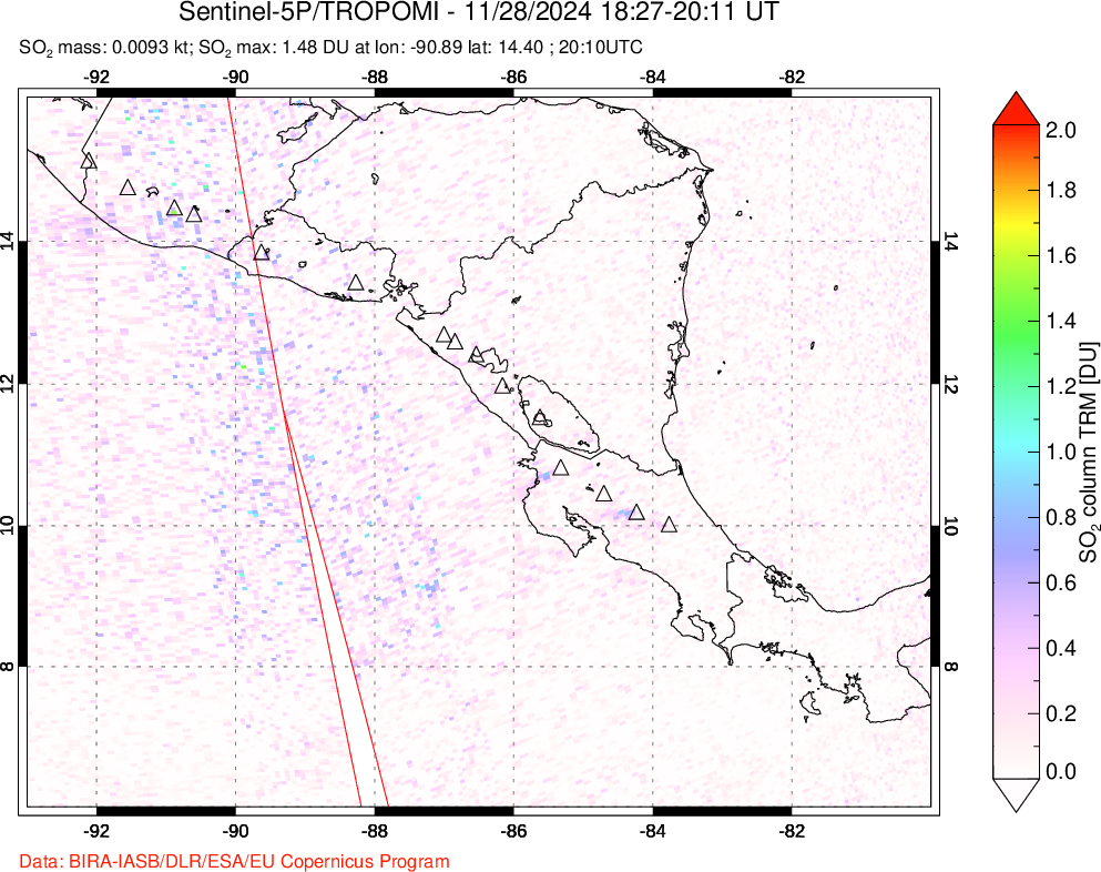 A sulfur dioxide image over Central America on Nov 28, 2024.