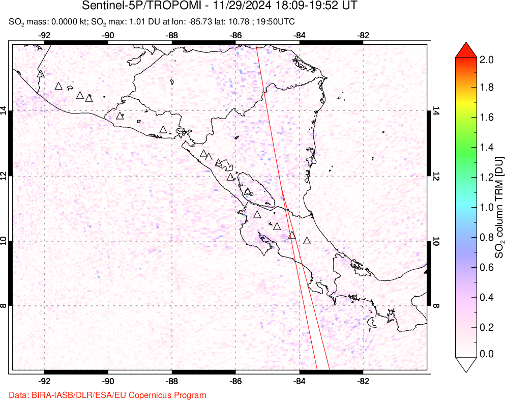 A sulfur dioxide image over Central America on Nov 29, 2024.