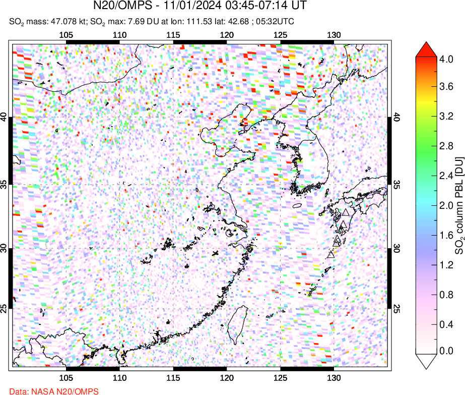 A sulfur dioxide image over Eastern China on Nov 01, 2024.