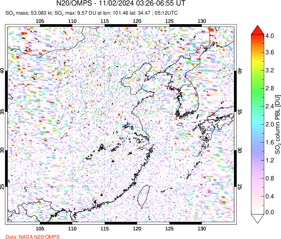 A sulfur dioxide image over Eastern China on Nov 02, 2024.