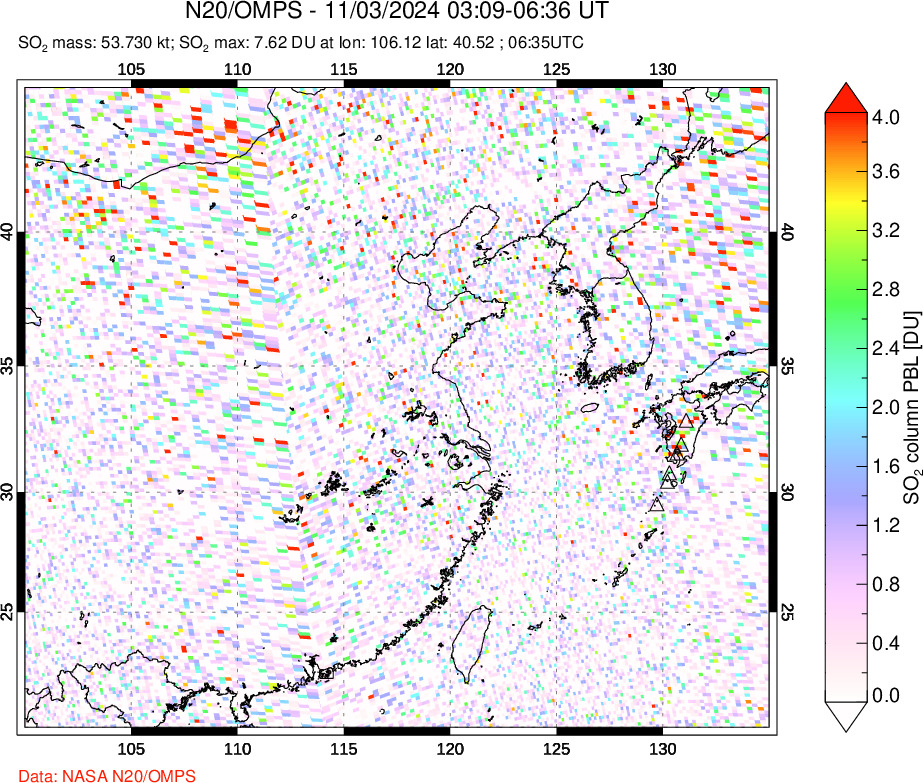 A sulfur dioxide image over Eastern China on Nov 03, 2024.