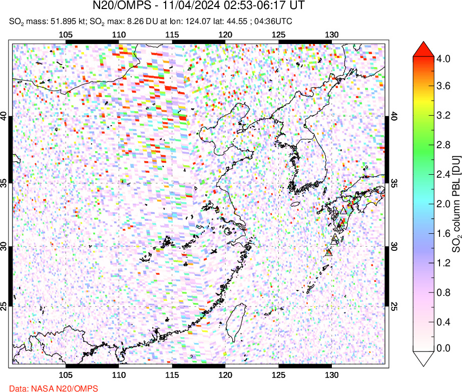 A sulfur dioxide image over Eastern China on Nov 04, 2024.