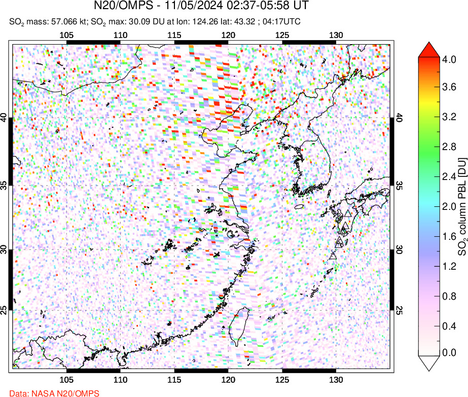 A sulfur dioxide image over Eastern China on Nov 05, 2024.