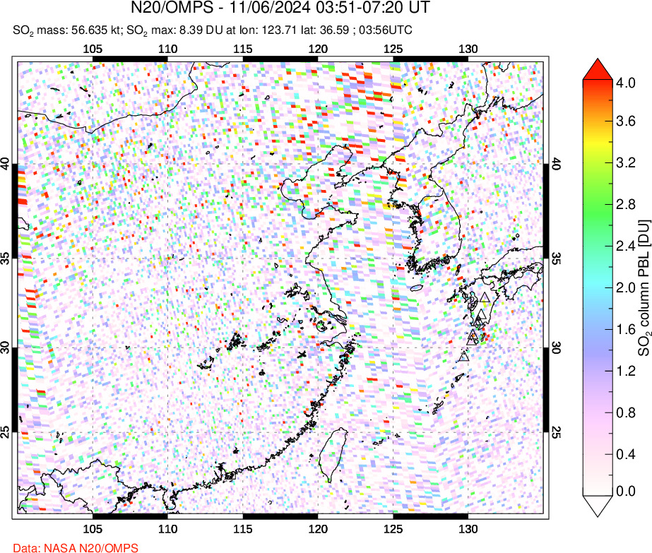 A sulfur dioxide image over Eastern China on Nov 06, 2024.