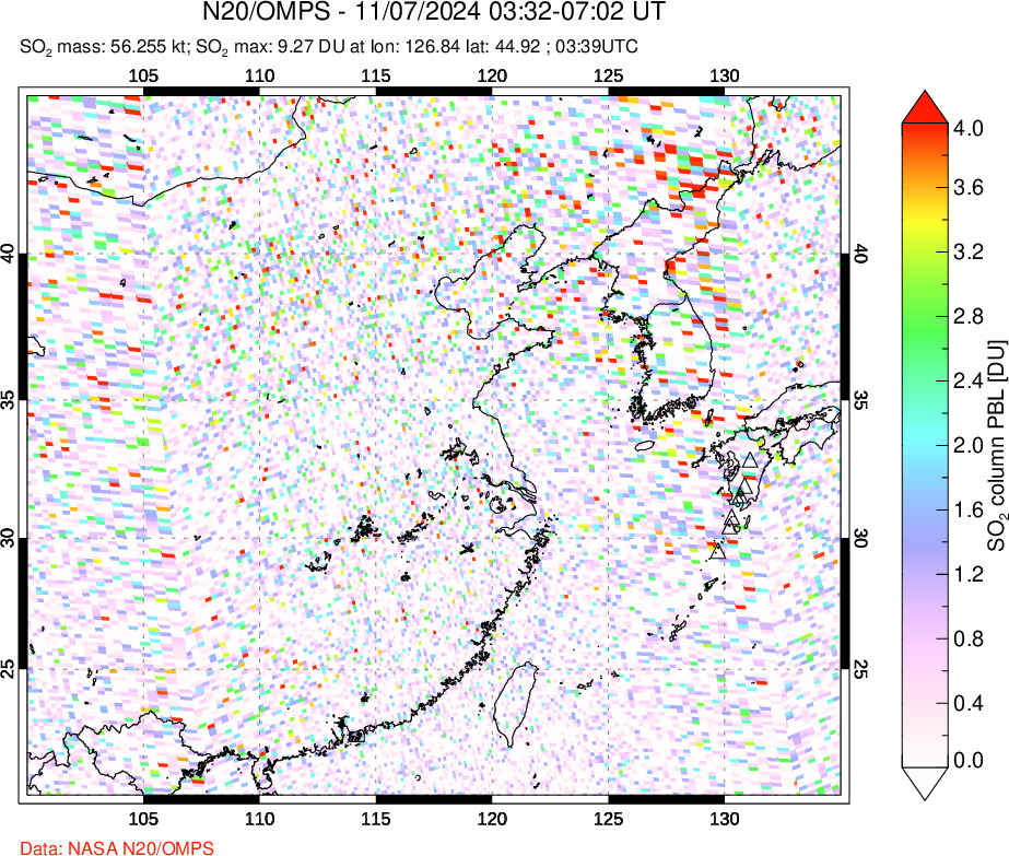 A sulfur dioxide image over Eastern China on Nov 07, 2024.