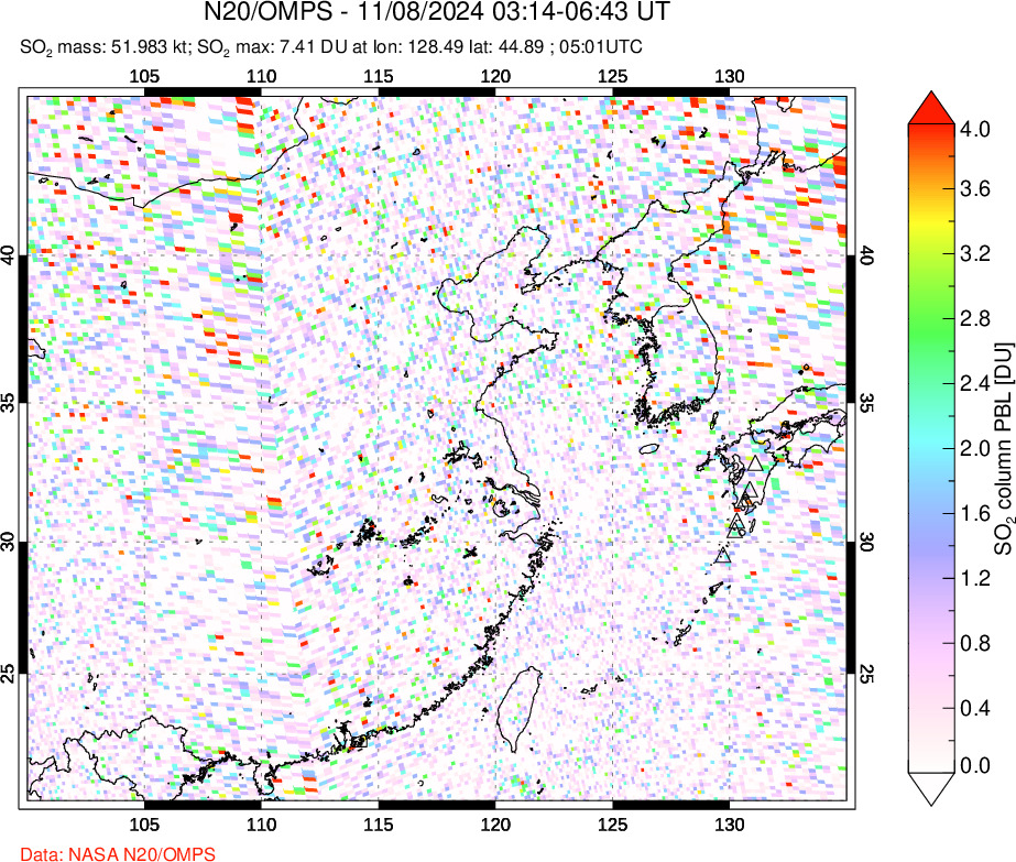 A sulfur dioxide image over Eastern China on Nov 08, 2024.