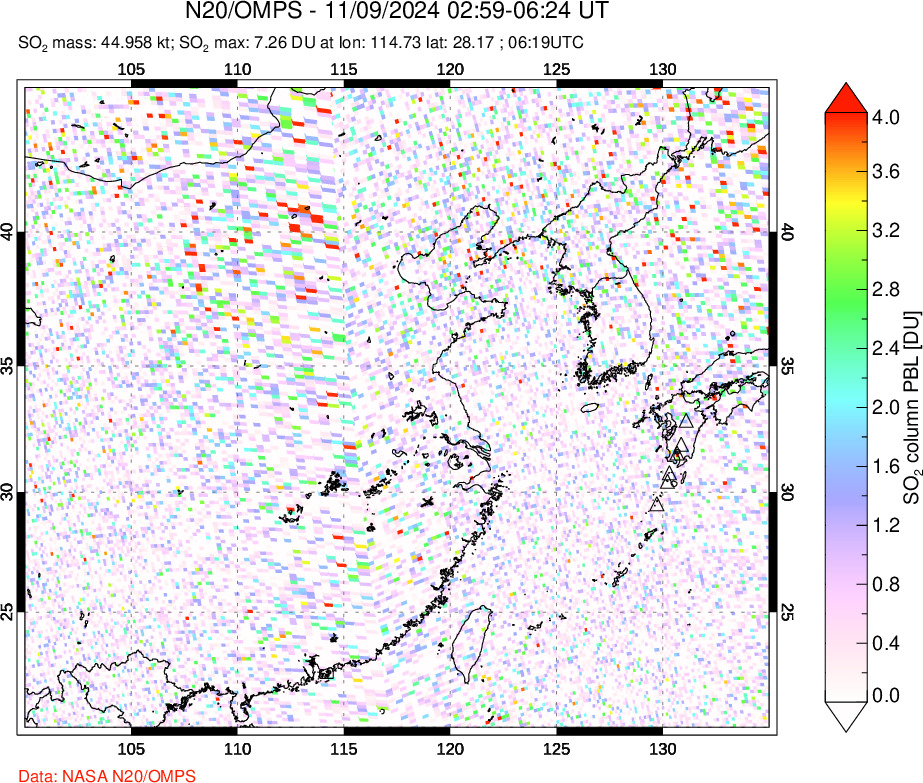 A sulfur dioxide image over Eastern China on Nov 09, 2024.