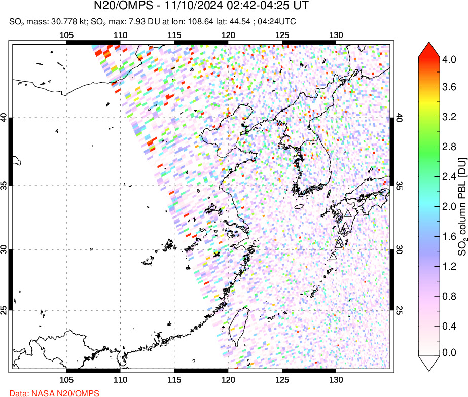 A sulfur dioxide image over Eastern China on Nov 10, 2024.