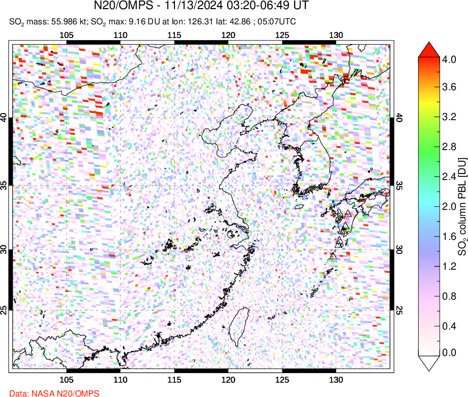 A sulfur dioxide image over Eastern China on Nov 13, 2024.