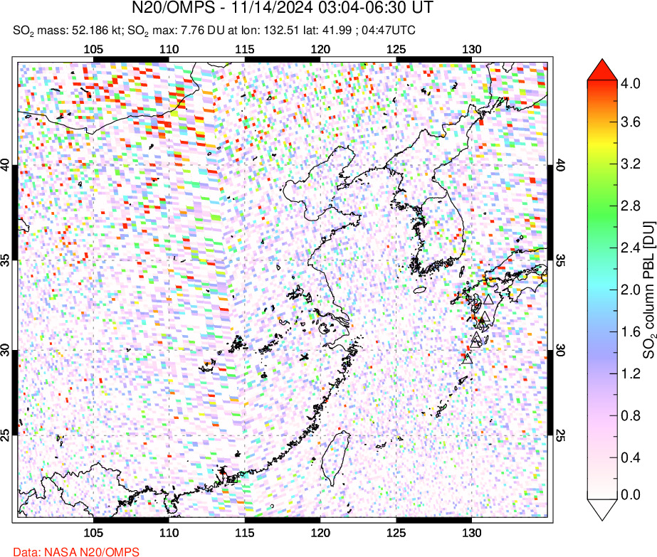 A sulfur dioxide image over Eastern China on Nov 14, 2024.