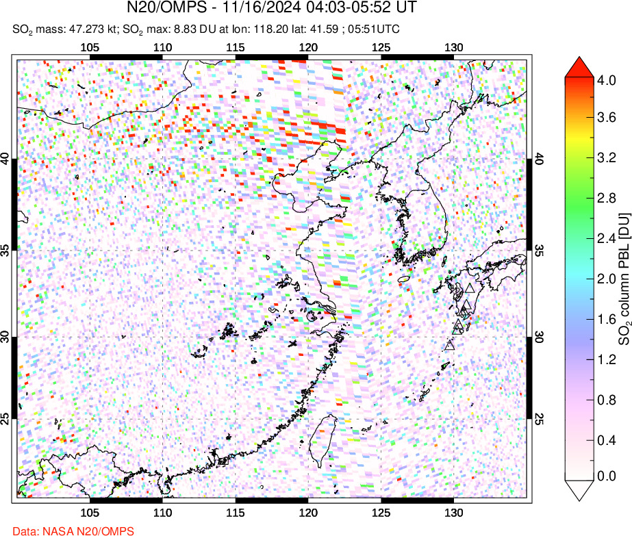 A sulfur dioxide image over Eastern China on Nov 16, 2024.