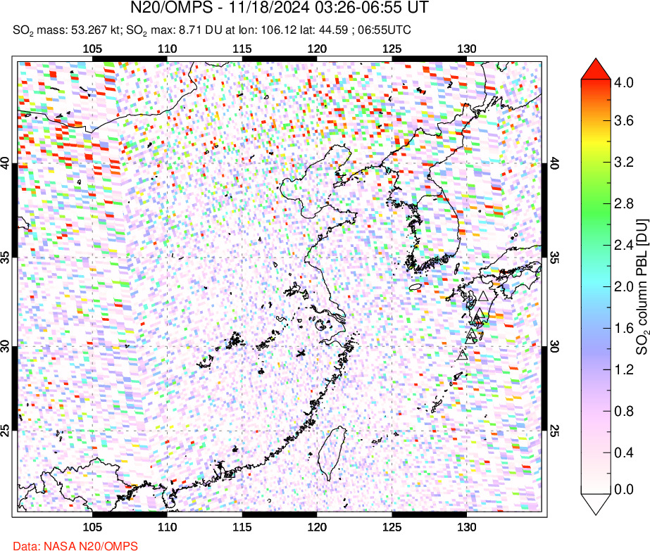 A sulfur dioxide image over Eastern China on Nov 18, 2024.