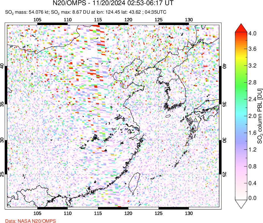 A sulfur dioxide image over Eastern China on Nov 20, 2024.