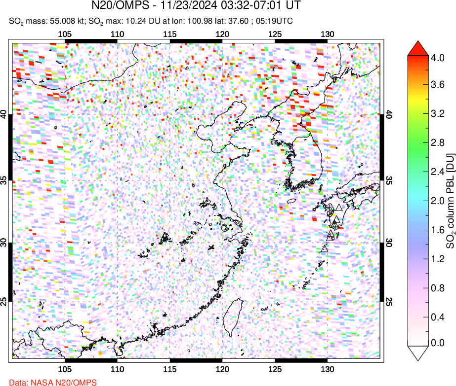 A sulfur dioxide image over Eastern China on Nov 23, 2024.