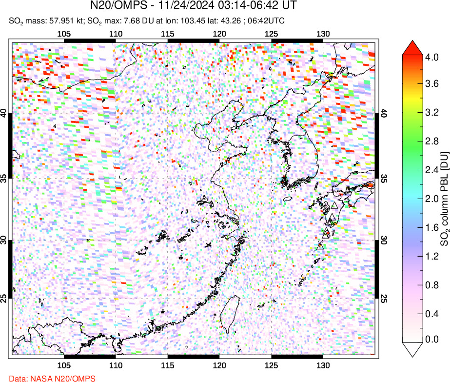 A sulfur dioxide image over Eastern China on Nov 24, 2024.