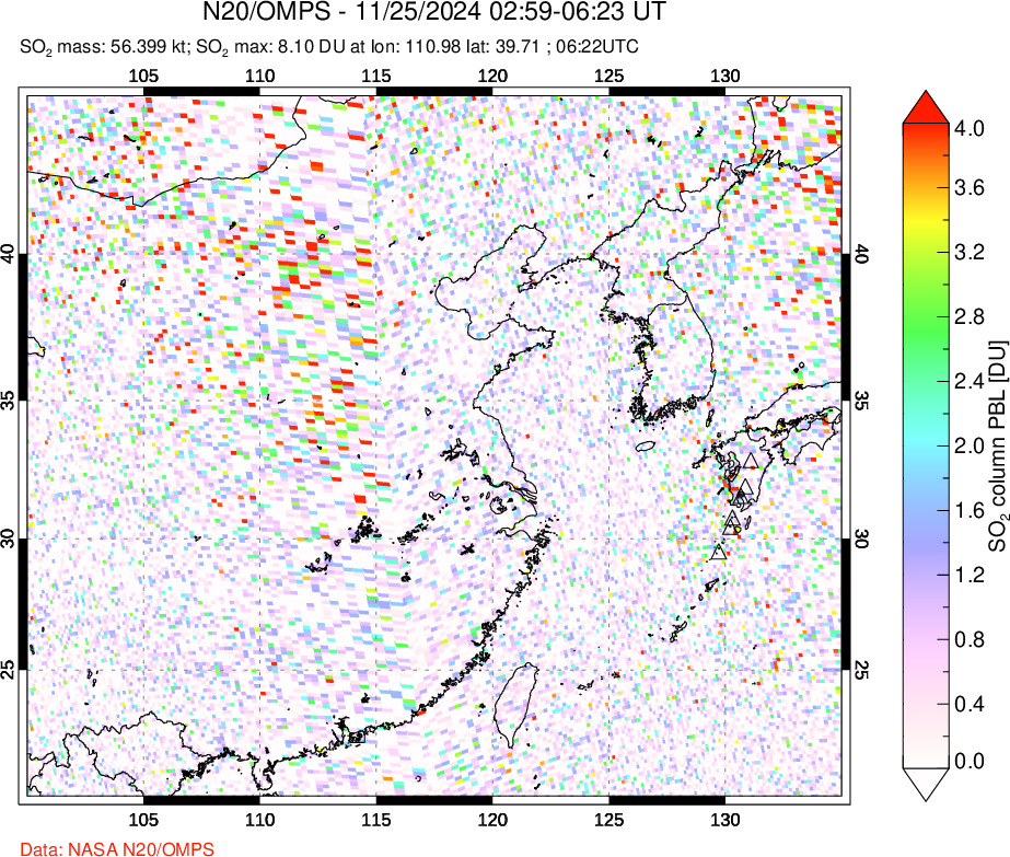 A sulfur dioxide image over Eastern China on Nov 25, 2024.