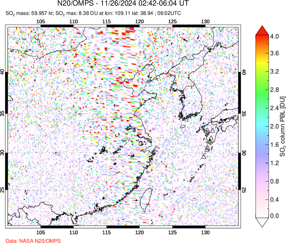 A sulfur dioxide image over Eastern China on Nov 26, 2024.