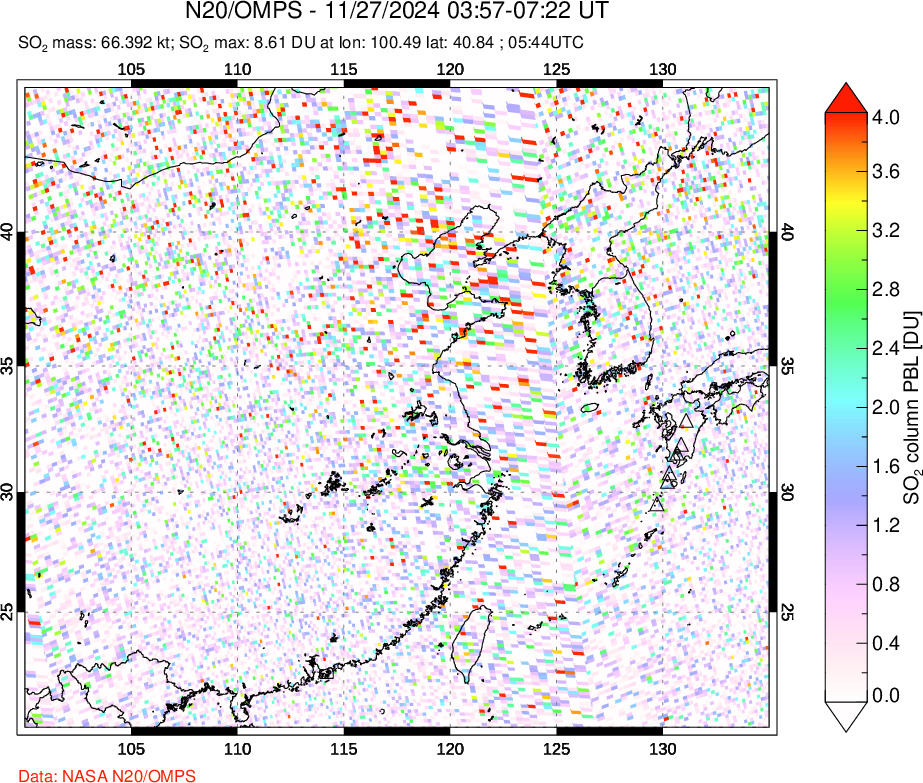 A sulfur dioxide image over Eastern China on Nov 27, 2024.