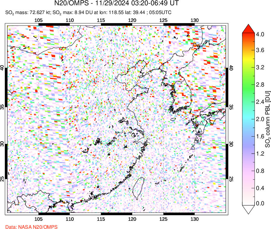 A sulfur dioxide image over Eastern China on Nov 29, 2024.