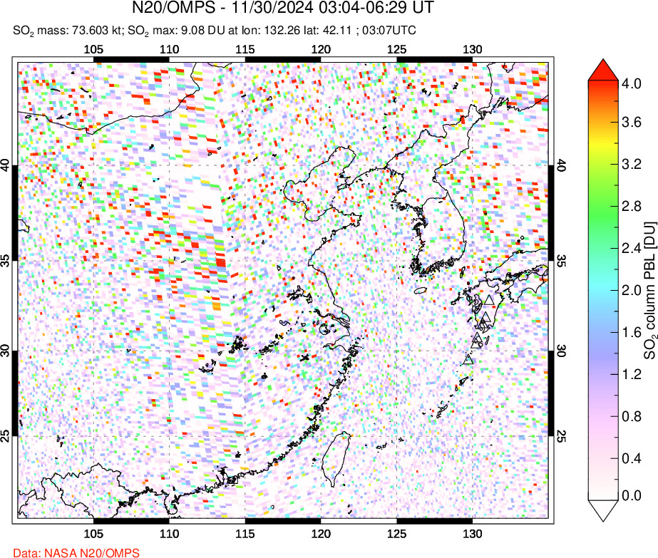 A sulfur dioxide image over Eastern China on Nov 30, 2024.