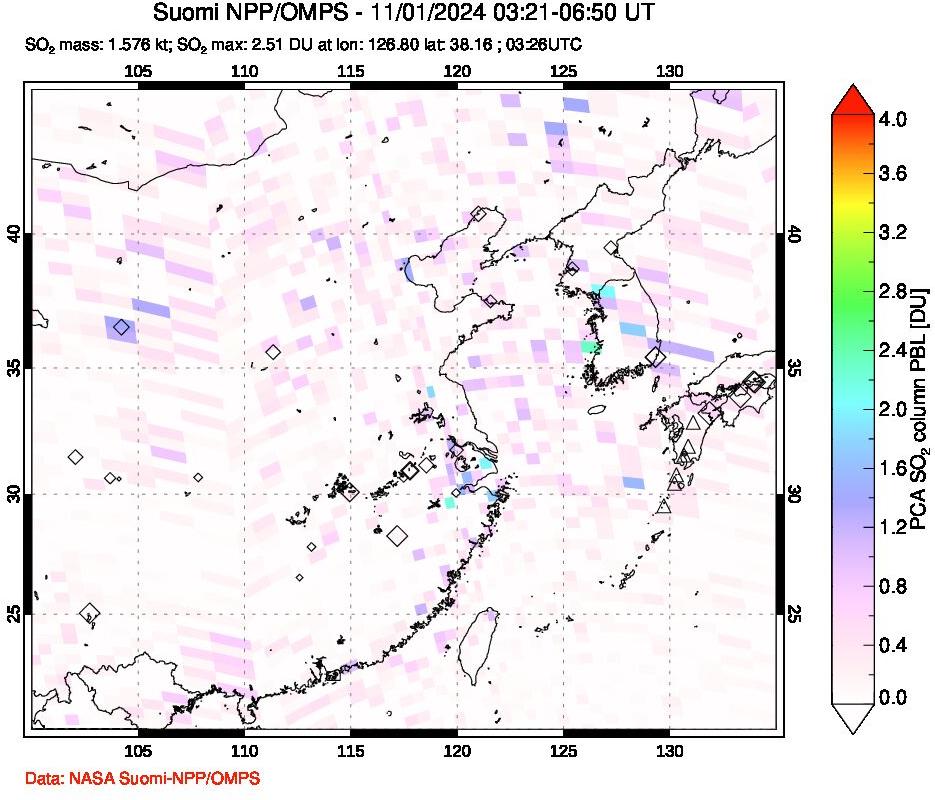 A sulfur dioxide image over Eastern China on Nov 01, 2024.