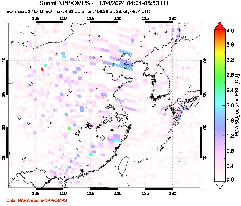 A sulfur dioxide image over Eastern China on Nov 04, 2024.