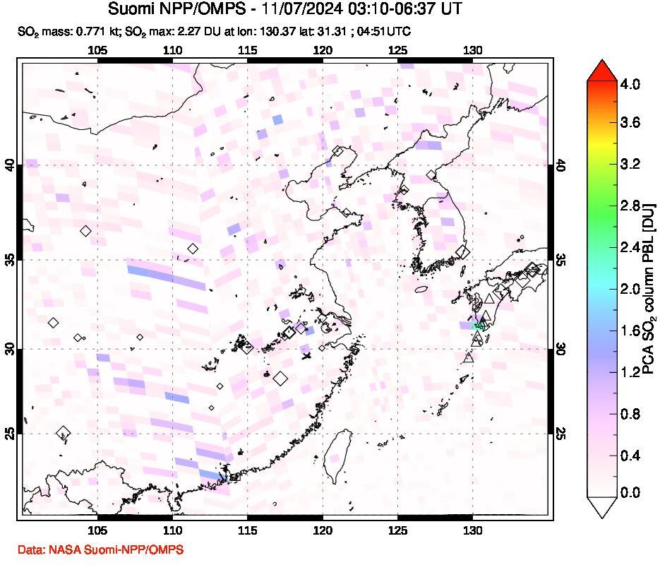 A sulfur dioxide image over Eastern China on Nov 07, 2024.