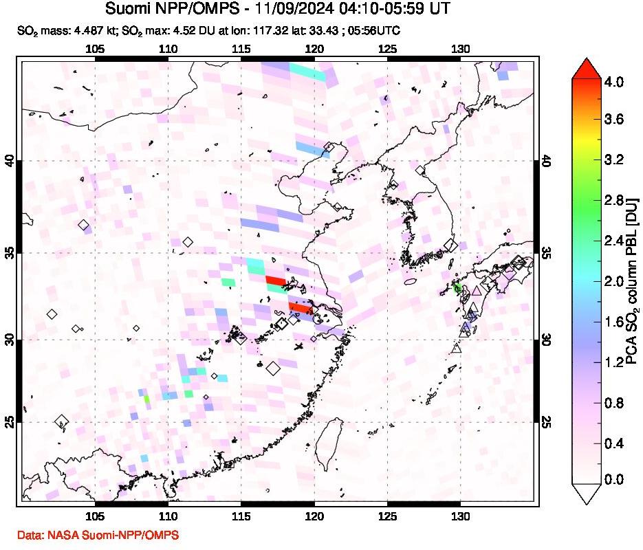 A sulfur dioxide image over Eastern China on Nov 09, 2024.