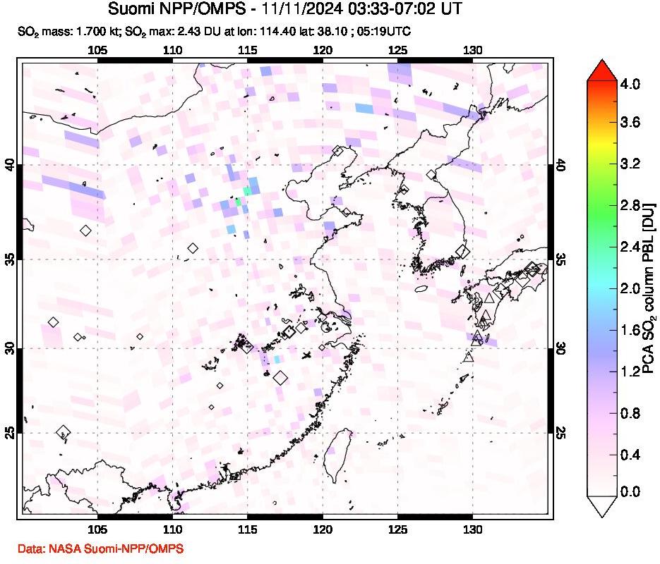 A sulfur dioxide image over Eastern China on Nov 11, 2024.