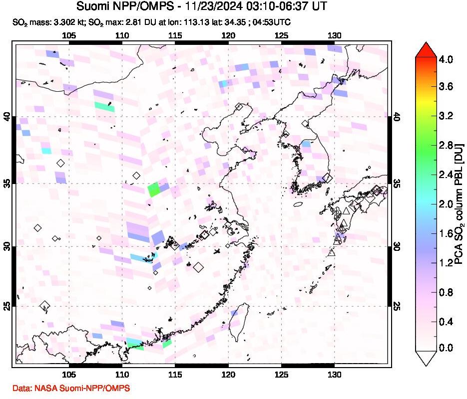 A sulfur dioxide image over Eastern China on Nov 23, 2024.