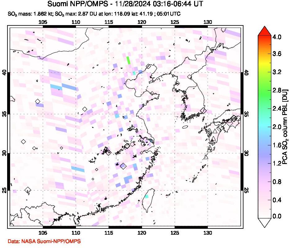 A sulfur dioxide image over Eastern China on Nov 28, 2024.