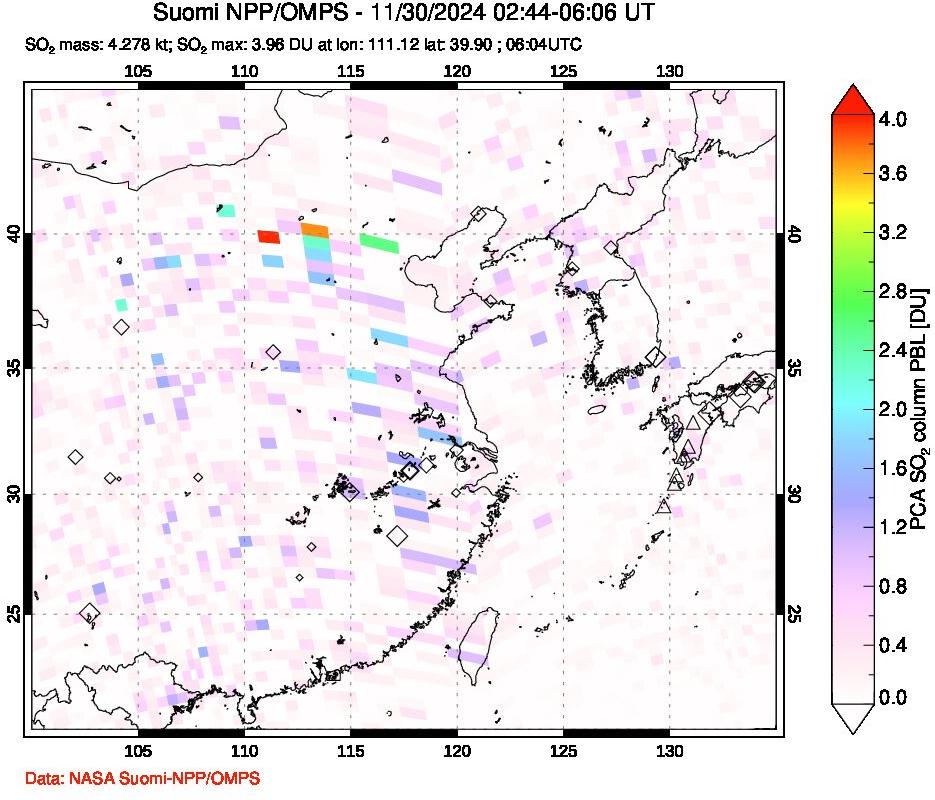 A sulfur dioxide image over Eastern China on Nov 30, 2024.