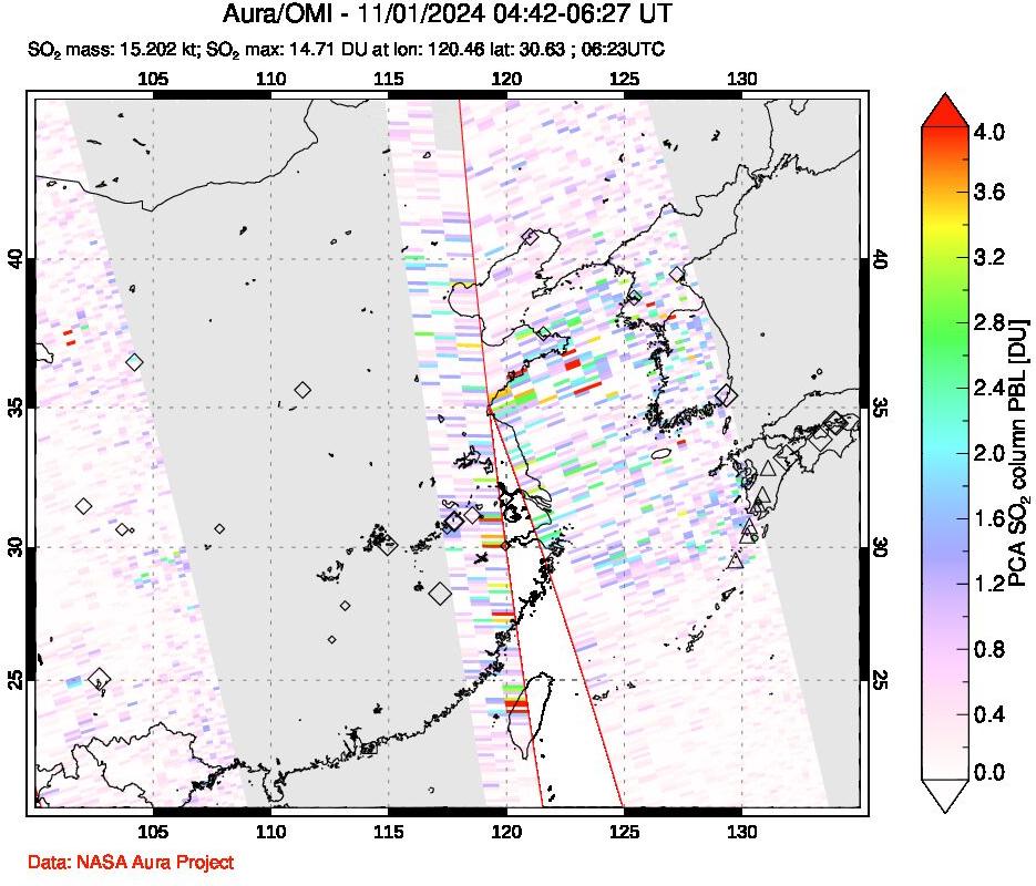 A sulfur dioxide image over Eastern China on Nov 01, 2024.