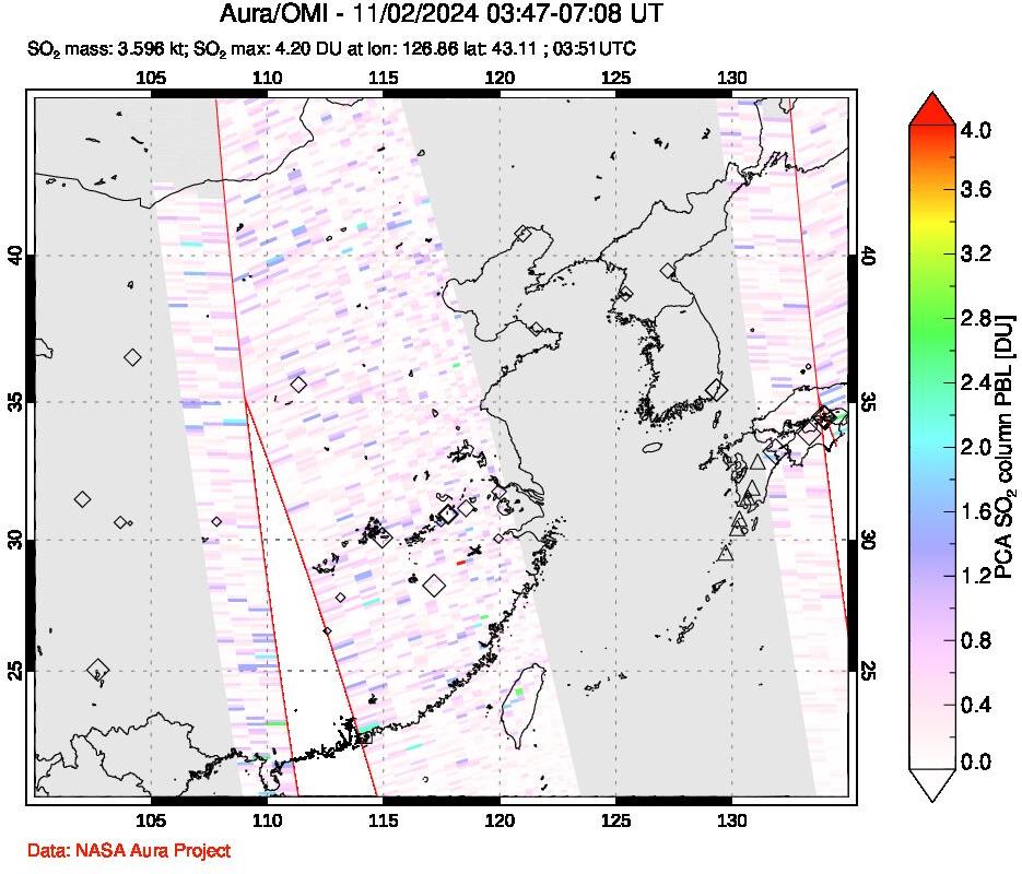 A sulfur dioxide image over Eastern China on Nov 02, 2024.