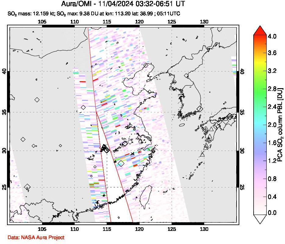 A sulfur dioxide image over Eastern China on Nov 04, 2024.