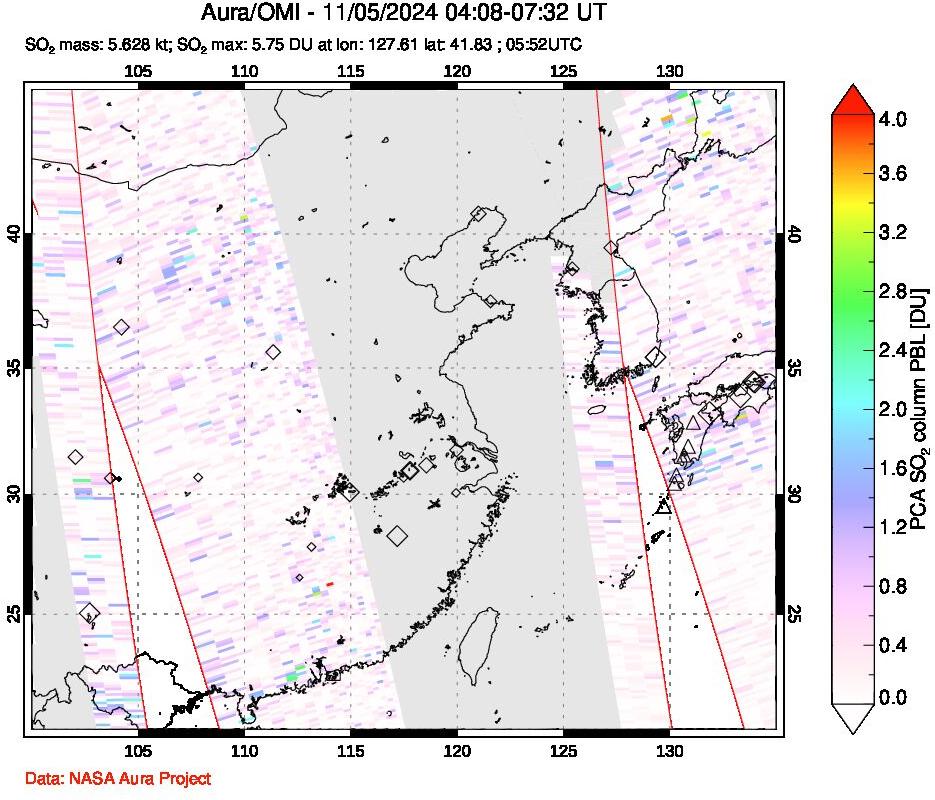 A sulfur dioxide image over Eastern China on Nov 05, 2024.