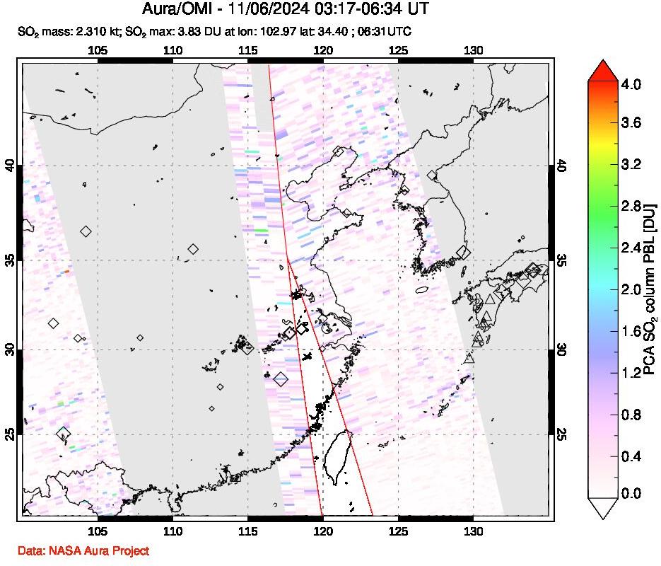 A sulfur dioxide image over Eastern China on Nov 06, 2024.