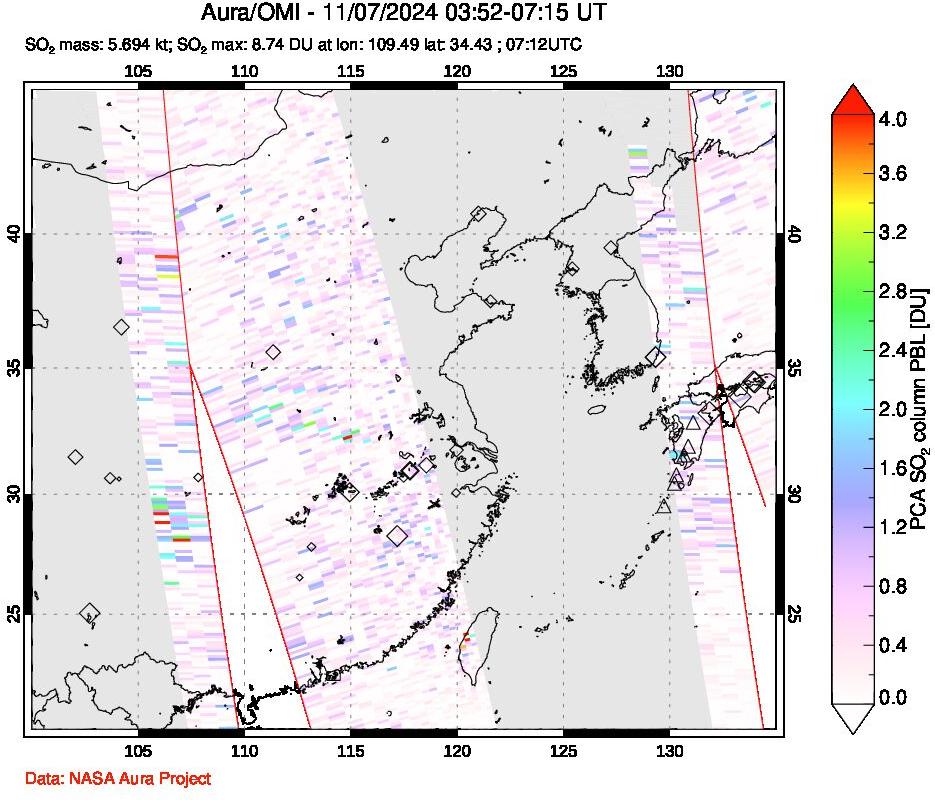 A sulfur dioxide image over Eastern China on Nov 07, 2024.